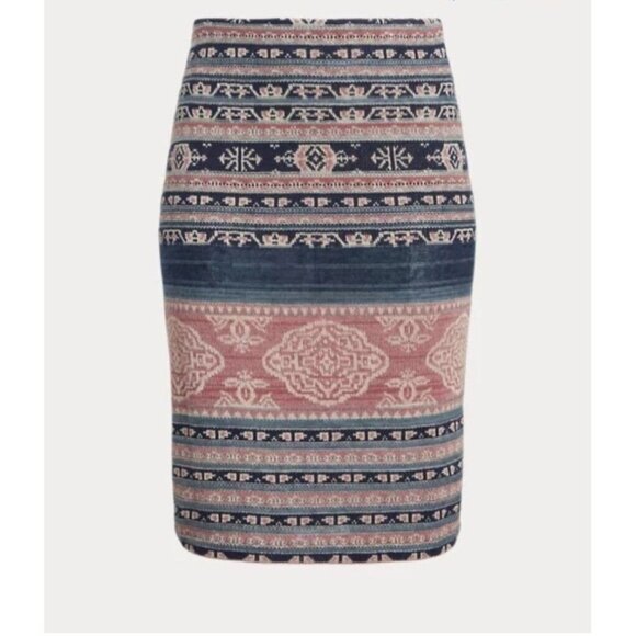 Ralph Lauren Skirt L Geo Motif Linen Cotton Pencil Southwestern Stretch Knit NEW - Picture 1 of 11